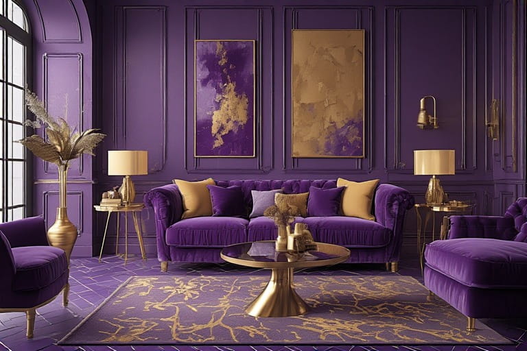 Gold colour combination For Living Room With Purple
