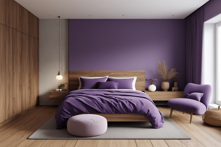 Purple and Natural Wood Tones for a Warm and Balanced Interior Design