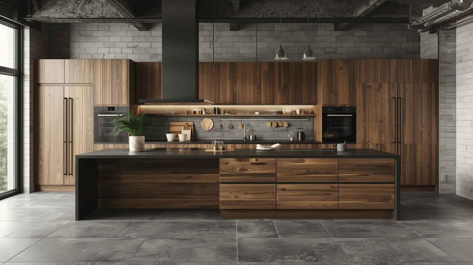 Raw Wood Finish Cabinets with Large Format Porcelain Tiles
