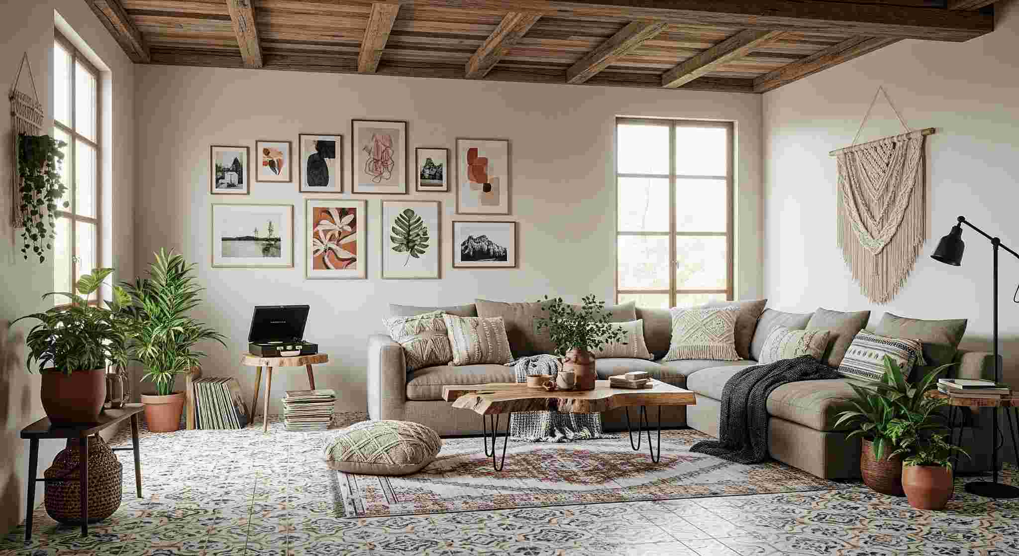 Reclaimed Wood Ceilings with Vintage Ceramic Tiles