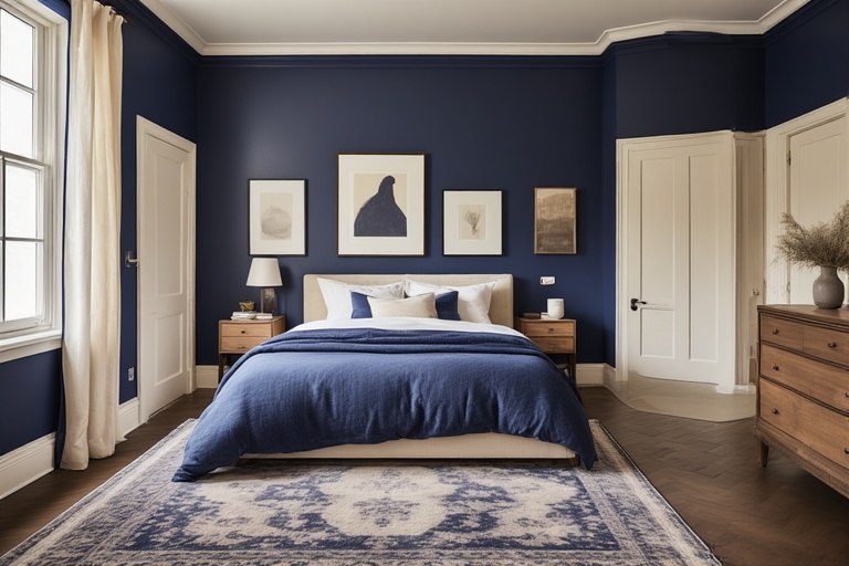 Timeless indigo and cream purple two colour combination for bedroom walls with elegant finishes