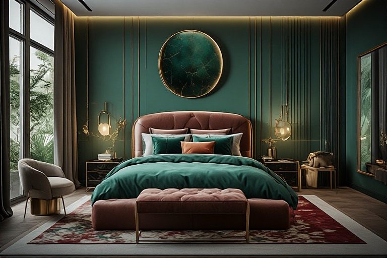 Rich colors and metallic accents in luxury bedroom interior design