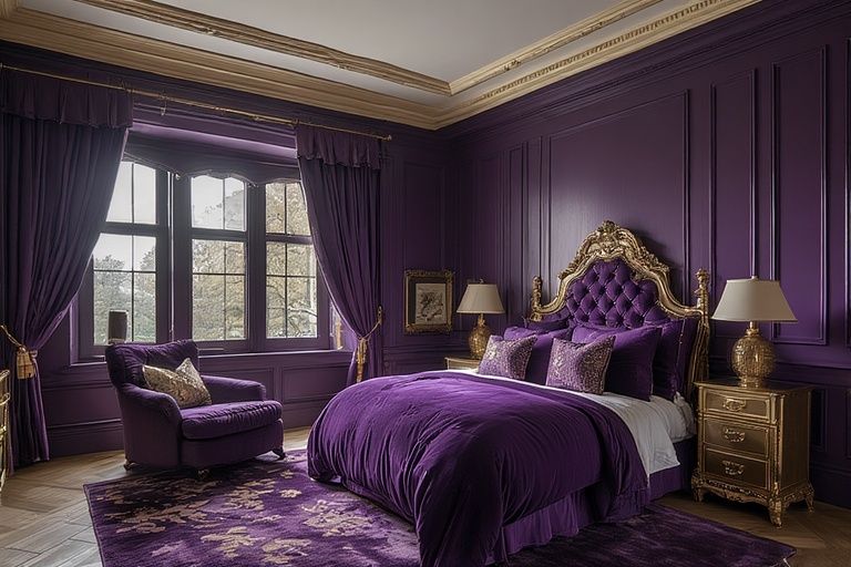 Royal deep purple and gold two colour combination for bedroom walls with luxury gold accents