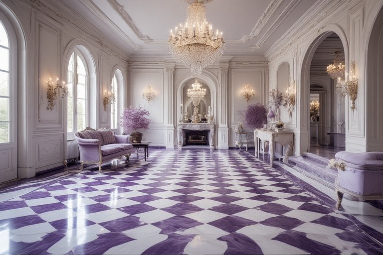 Royal Elegance with Patterned Purple and White Floor Tiles