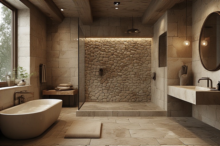 Rustic House Design For Bathroom with Stone Tiles