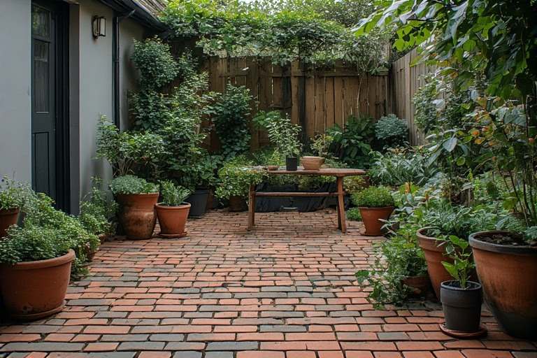 Charming rustic brick-effect garden tiles for cozy courtyard spaces