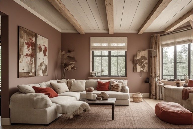 Rustic brown and muted red kitchen colour combination