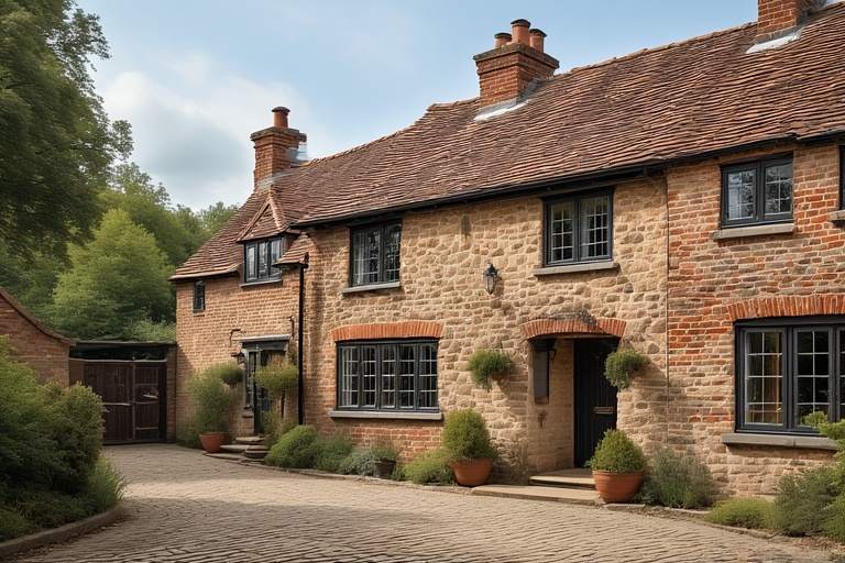 Rustic village single floor home front design with exposed brick walls and terracotta-style finishes