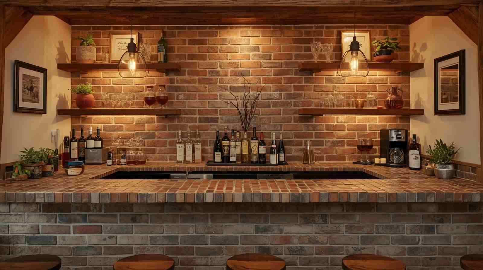 Rustic farmhouse bar counter design with brick.