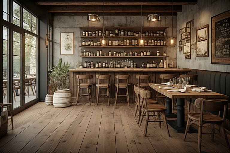 Rustic farmhouse restaurant design with durable wood look tiles