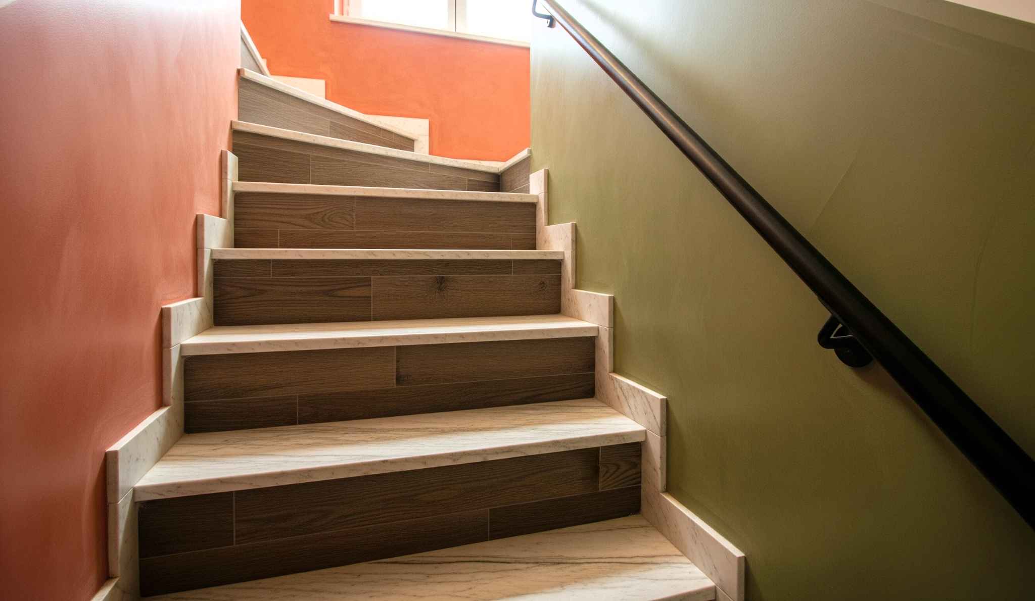 Rustic Marble Stairs Paired with Wood and Natural Tiles