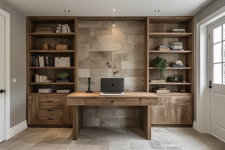 Rustic Oak Study Desk with Open Shelves and Drawers for a Warm and Functional Setup