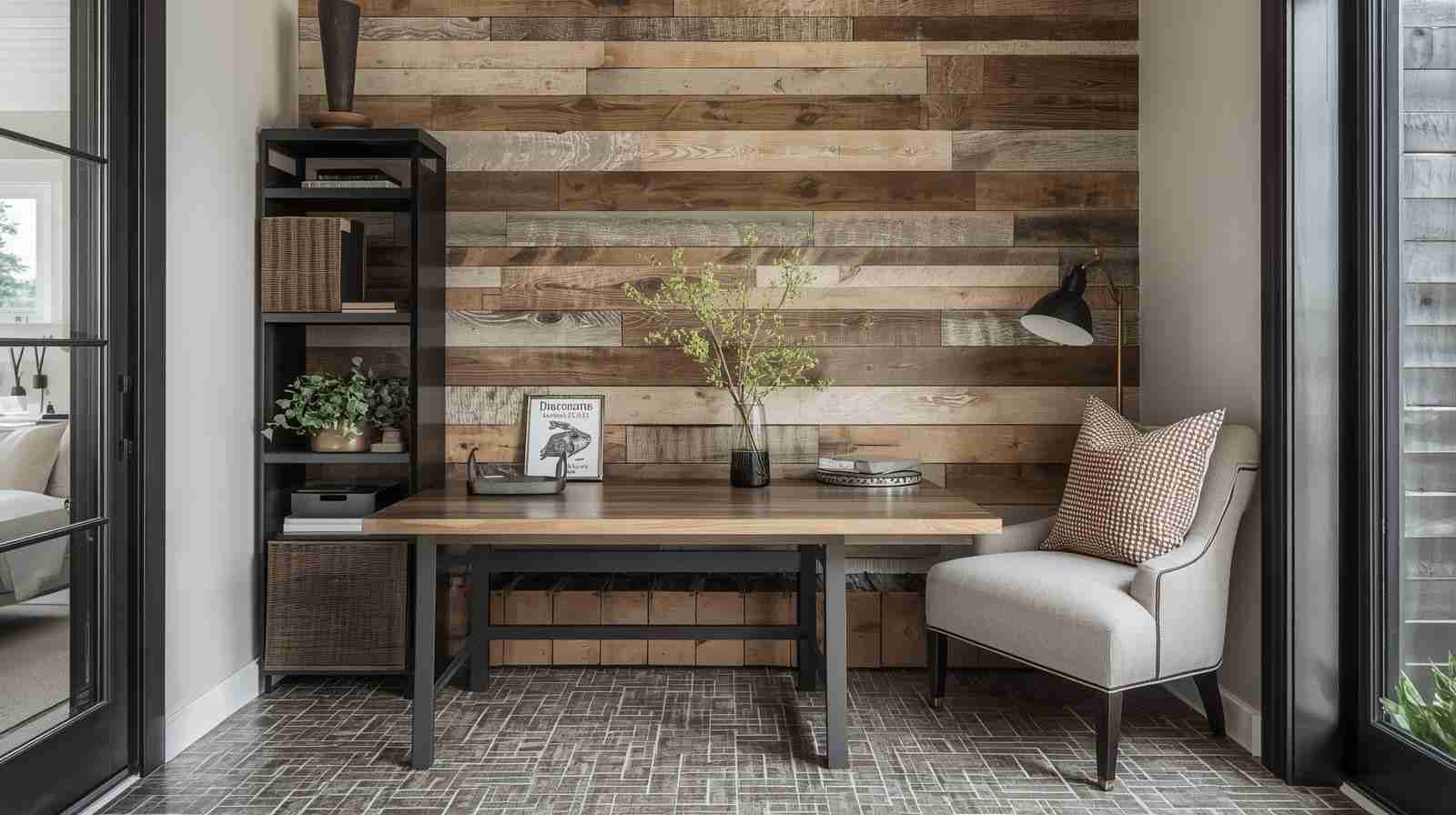 Rustic Reclaimed Wood Accent Walls with Textured Tiles