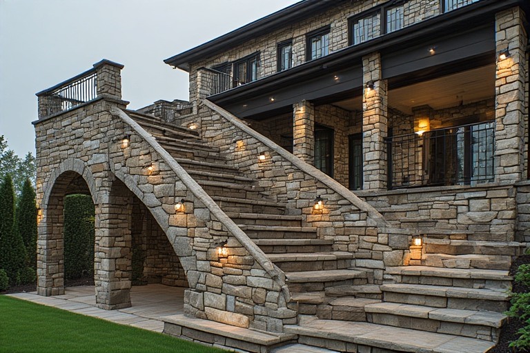 Rustic Stone Finish Balcony Staircase Design