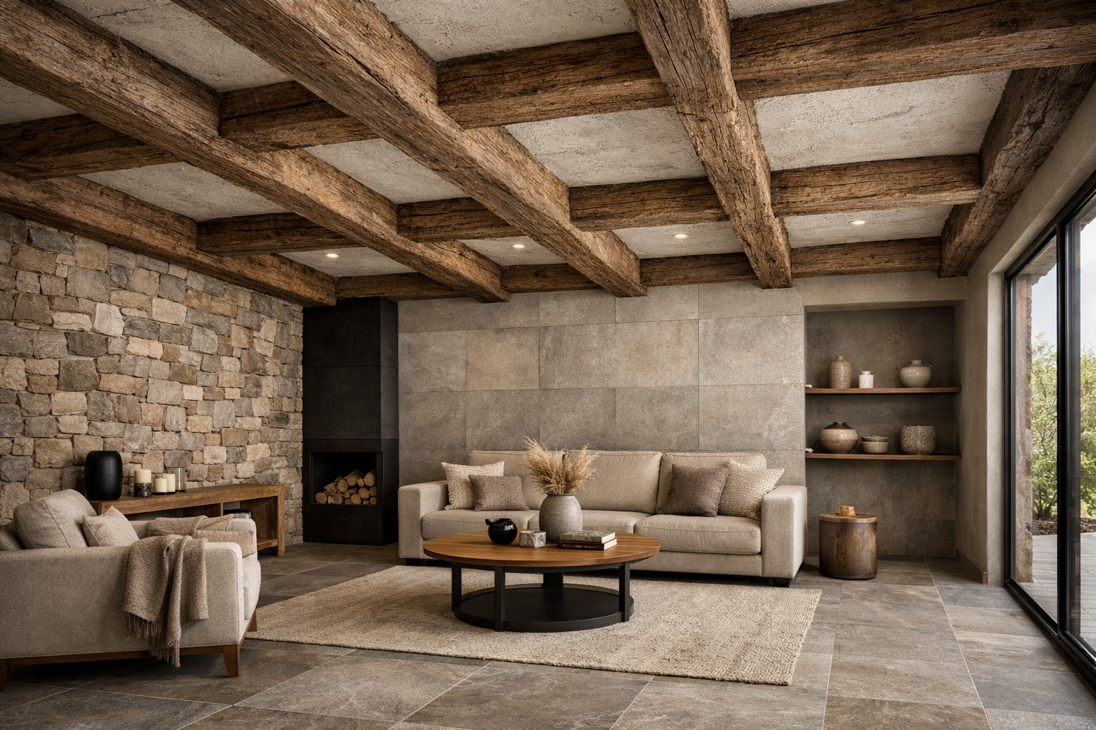Rustic Textured Beam Ceiling for Cozy and Vintage Room Interiors