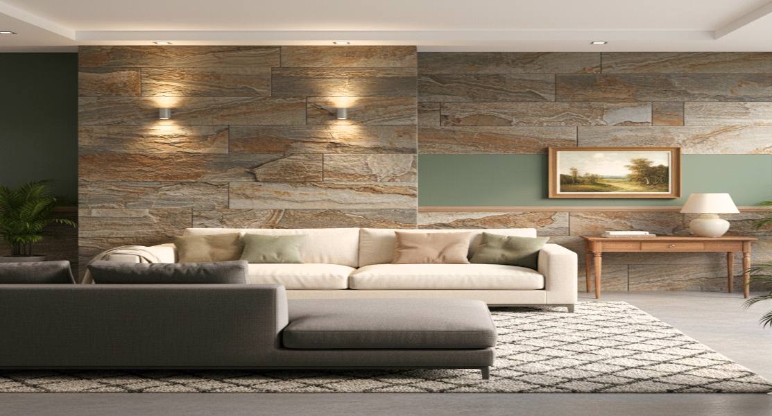 Rustic Tile Wainscoting in Living Room Spaces