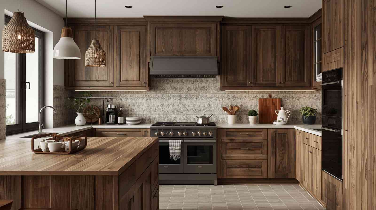 Rustic Wooden Cabinets with Patterned Ceramic Wall Tiles