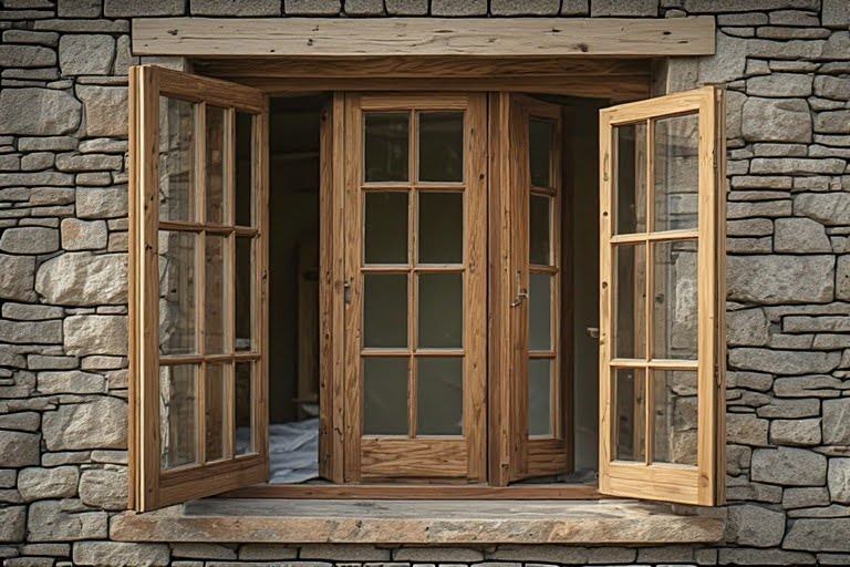 Rustic wooden casement window design for cottages