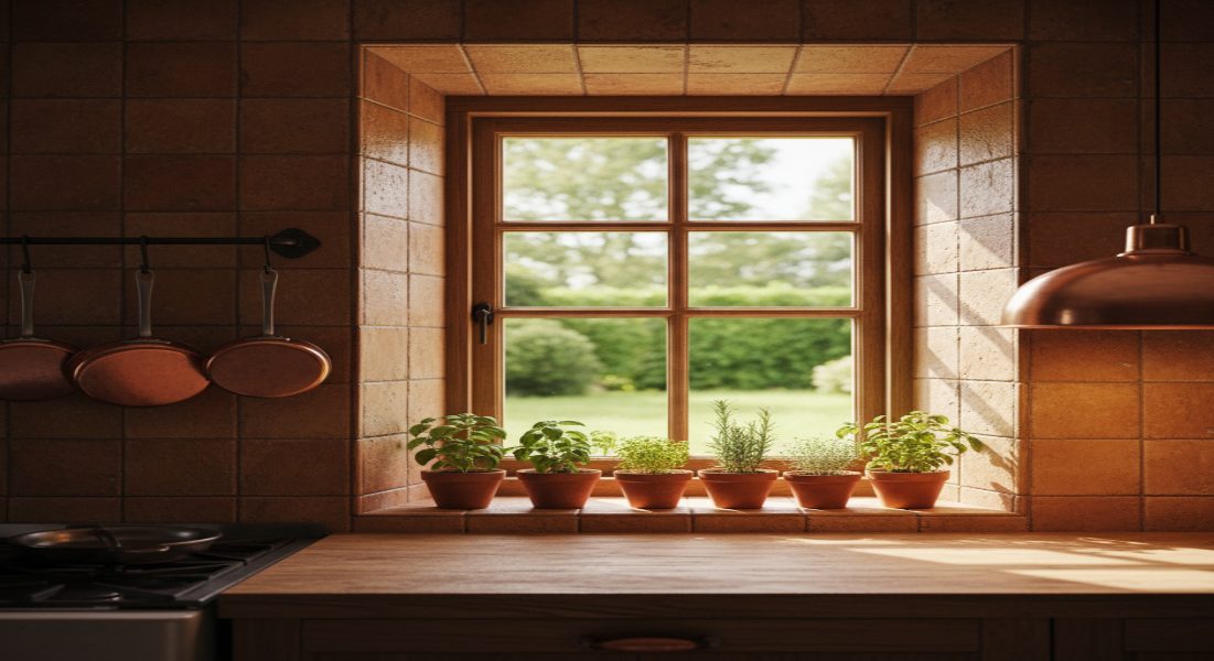 Rustic Wooden Frame Windows with Earthy Tiles
