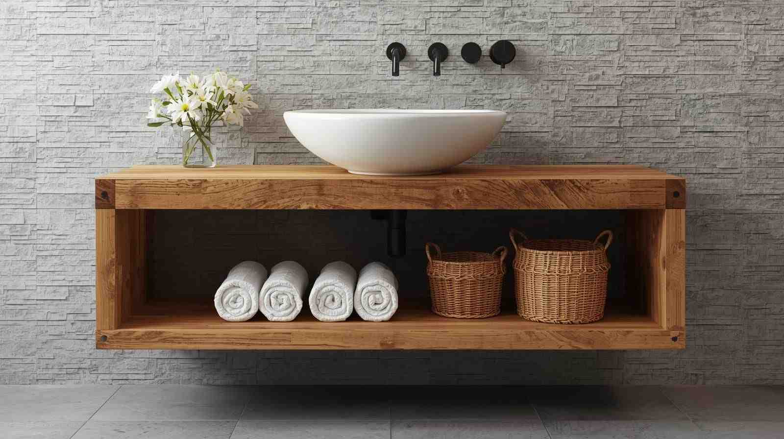 Rustic Wooden Wash Basin with Open Shelf Storage