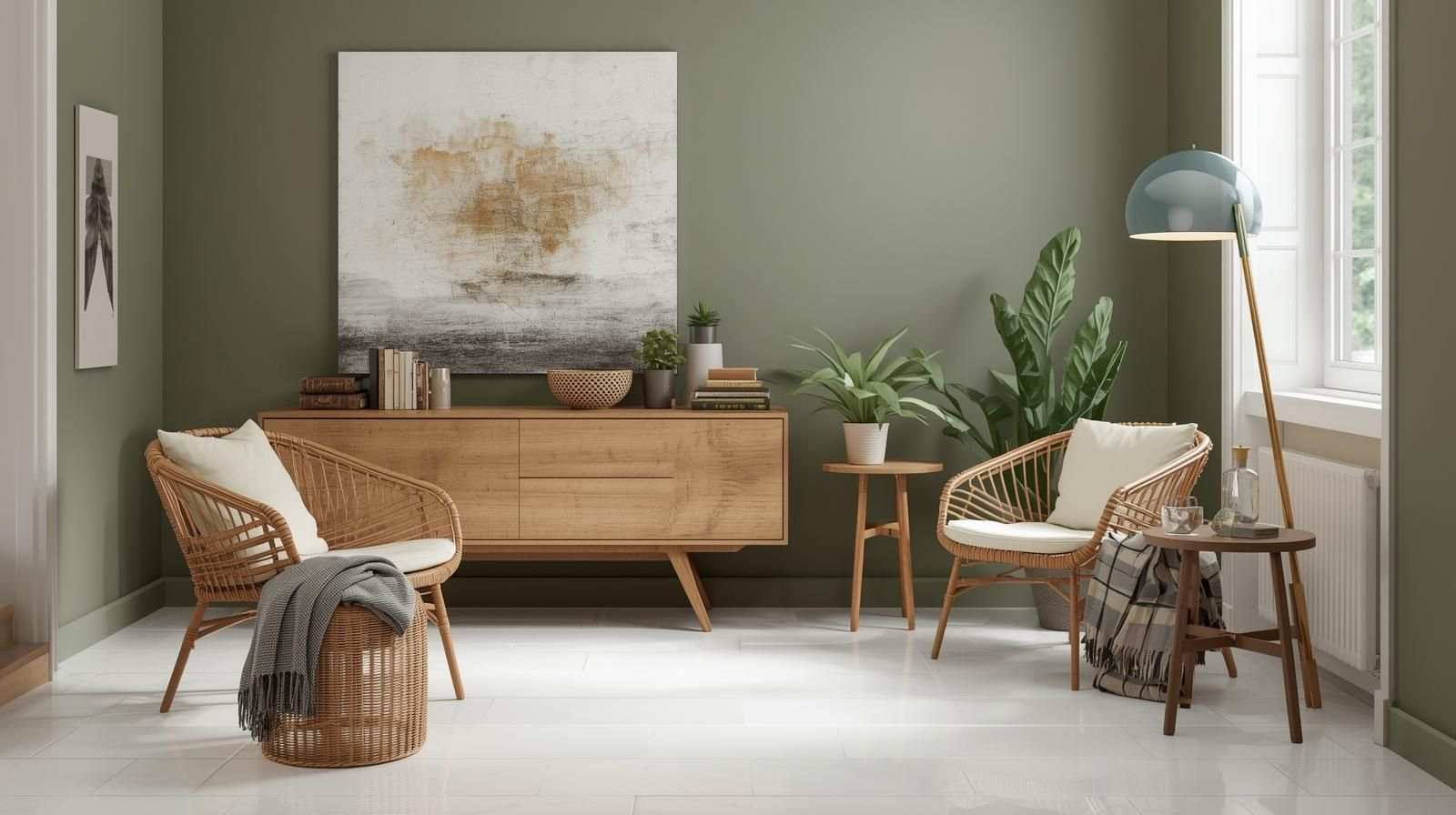 Sage Green Walls with Glossy White Tiles