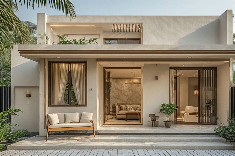 Heat-reflective sand beige and off-white exterior colour combination