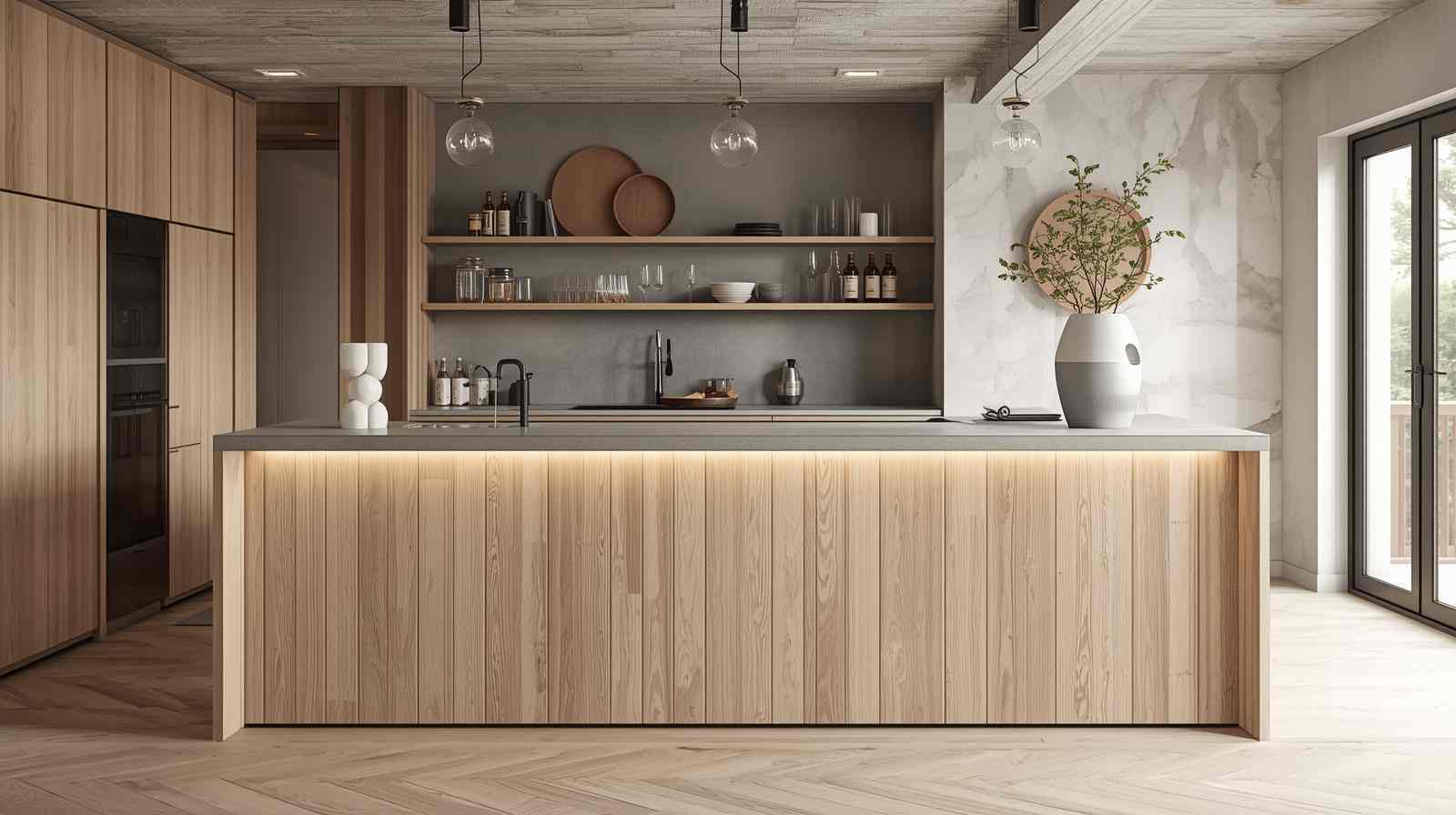 Scandinavian bar counter design with wood planks.