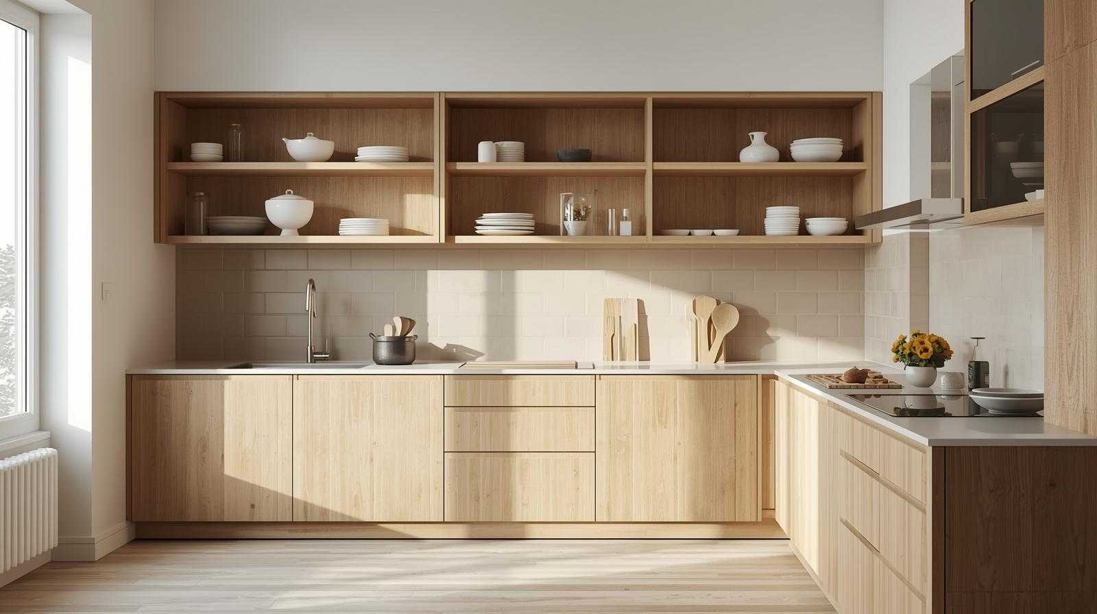 Scandinavian Light Wood Kitchen with Neutral Toned Tiles