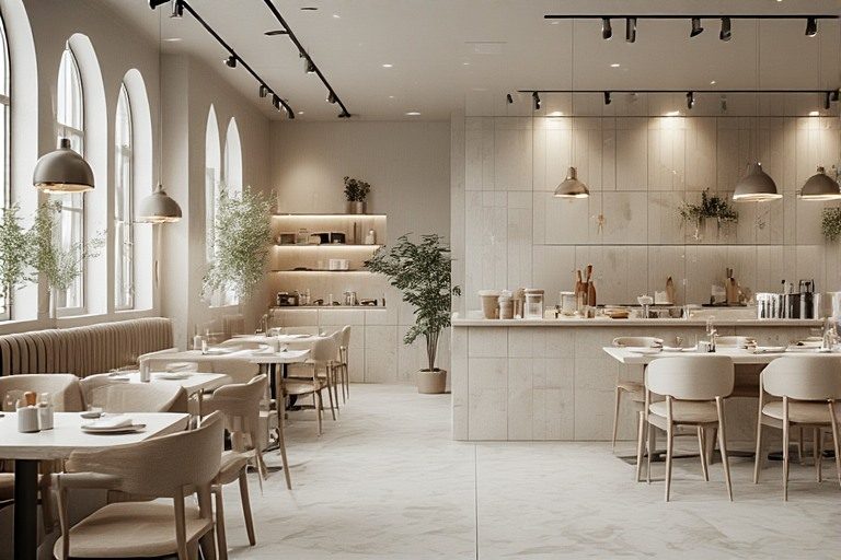 Scandinavian restaurant design with light toned interior tiles