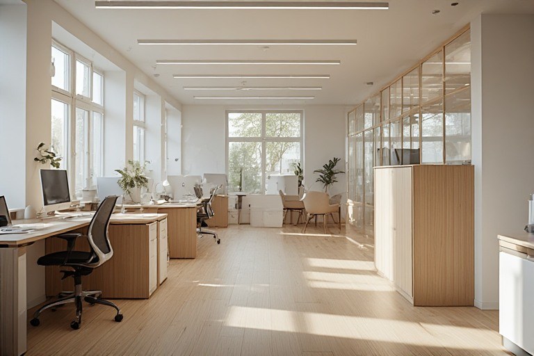 Scandinavian small office interior design with wood look tiles