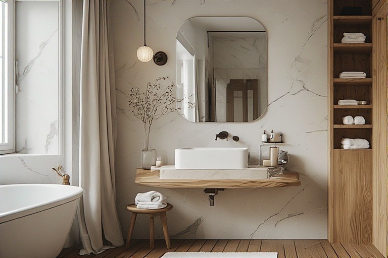 Scandinavian bathroom interior design with wood finish tiles