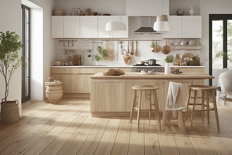 Scandinavian kitchen design with wood tiles.
