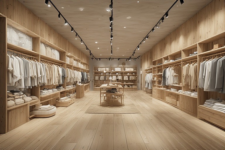 Scandinavian-inspired cloth shop design with warm wooden look tiles for a cozy retail interior