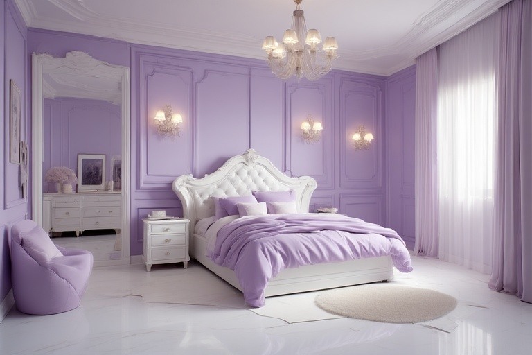 Serene lavender and white purple two colour combination for bedroom walls featuring glossy tiles