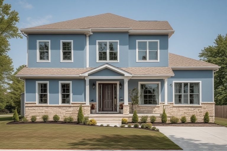 Serene light blue and tan best colour combination for house exterior featuring sand-toned outdoor tiles.