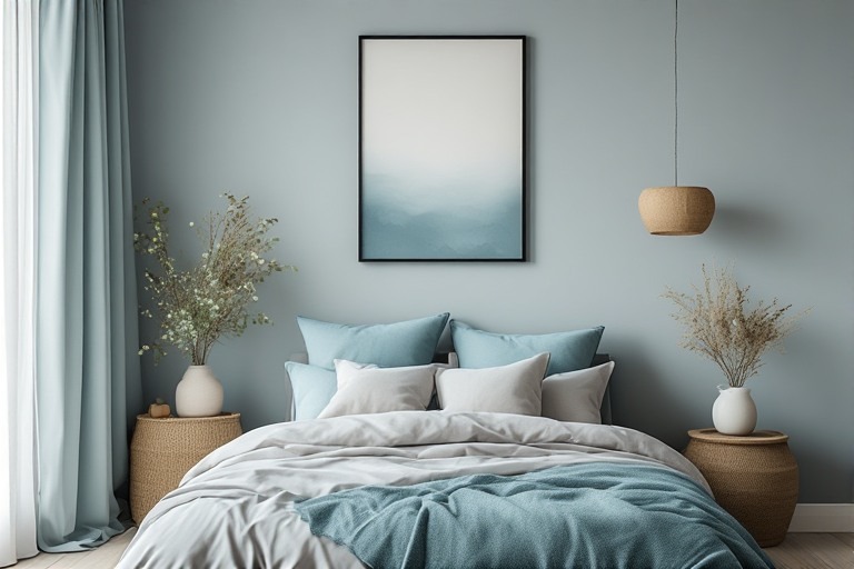 Serene pale grey colour combination with soft teal for a calming and fresh bedroom atmosphere.
