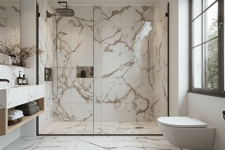 Shower Walls Clad in Marble Tiles