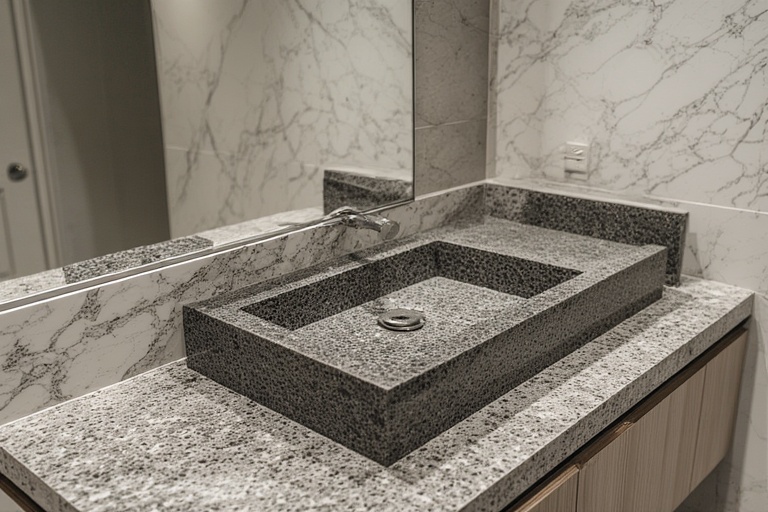 Single Granite Basin with Under-Mount Sink Design for Elegant Bathroom Interiors