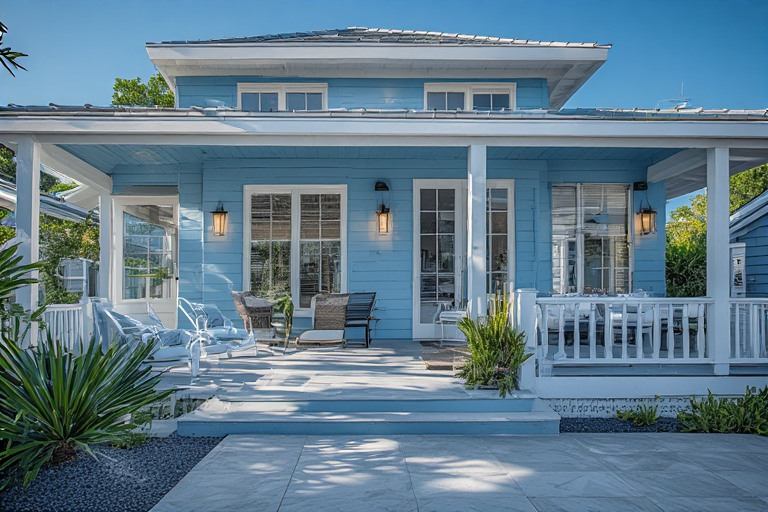 Sky blue and white exterior colour combination for coastal homes