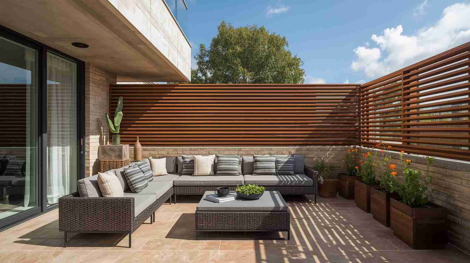 Slatted modern parapet wall designs for privacy.