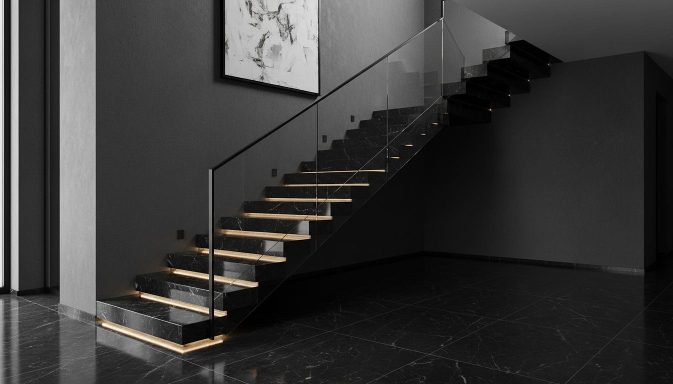 Sleek black marble stairs design for home with minimalist railings