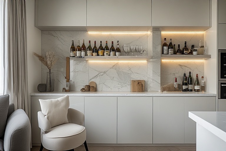 Minimalist bar counter design with integrated console.