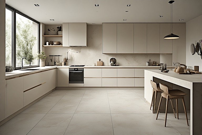 Minimalist kitchen design with large tiles.