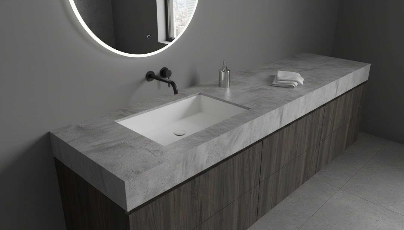 Sleek rectangular undermount wash basin on a concrete-effect counter