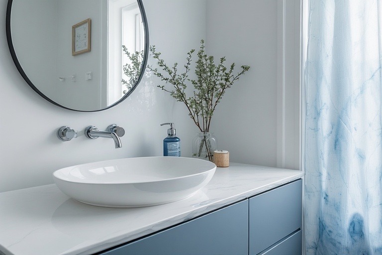 Sleek White and Blue Vanity Wash Basin Design