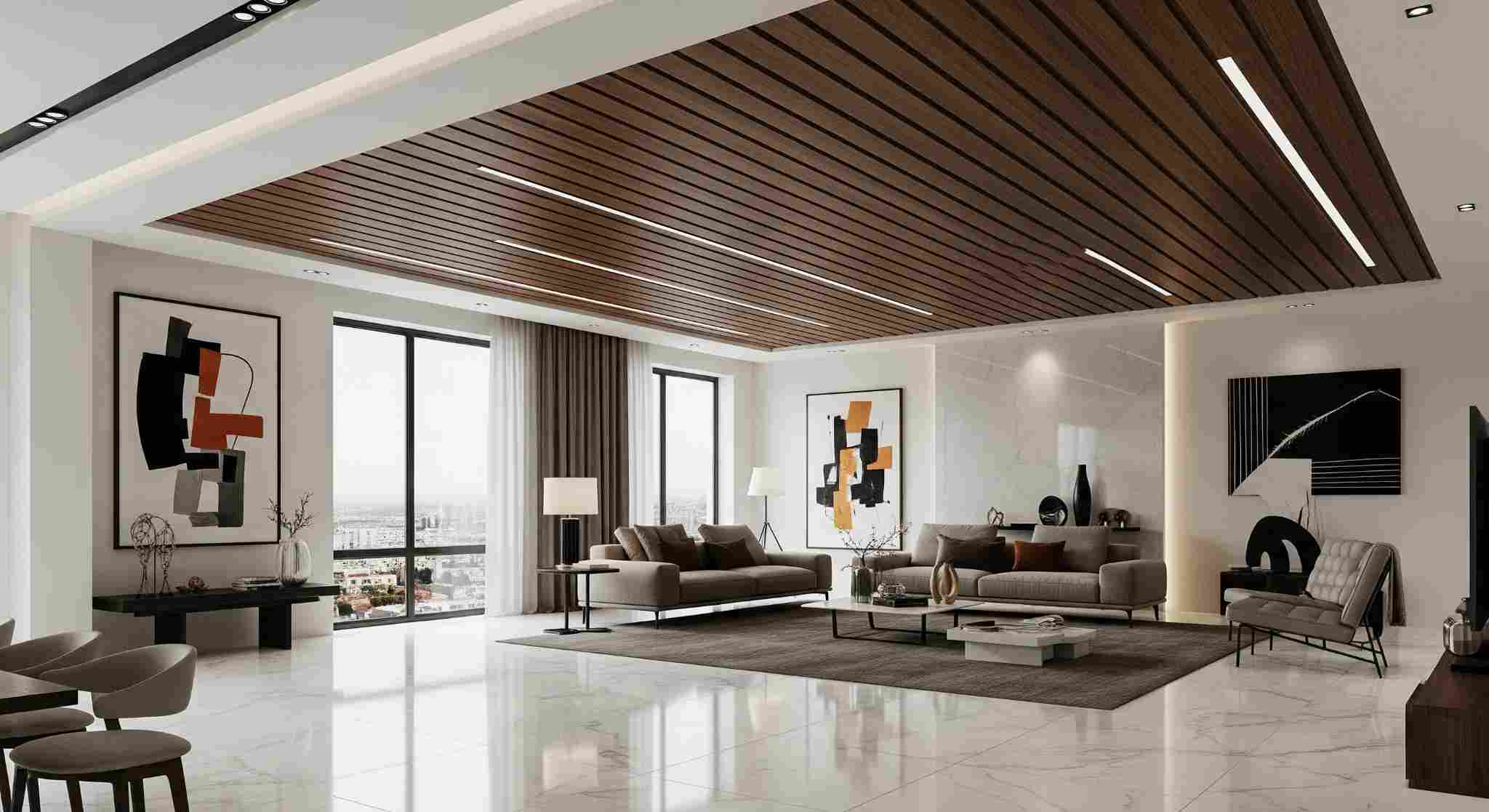 Sleek Wooden Panels with Glossy Marble Tiles