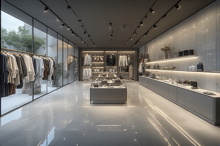 Sleek modern cloth shop design with glossy tile finishes for a premium showroom look