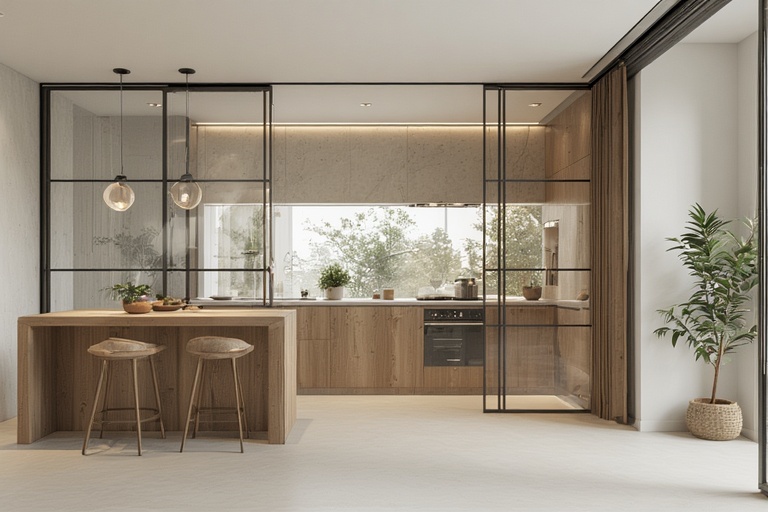 Sliding Glass Panels for Open Kitchen Partition for Elegant and Space-Saving Interiors