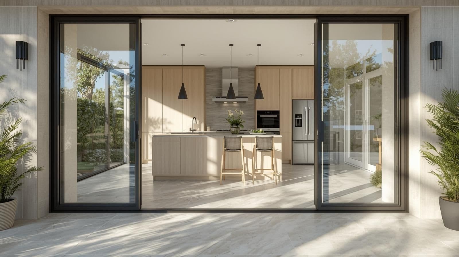 Sliding Glass or French Door Entrances with Light-Toned Vitrified Tiles.