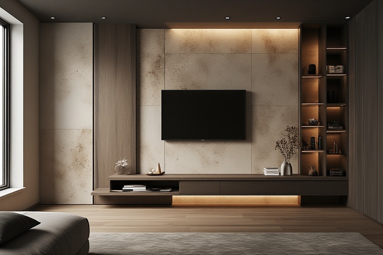 Sliding Panel TV Unit for a Hidden and Sleek Bedroom Wall Design